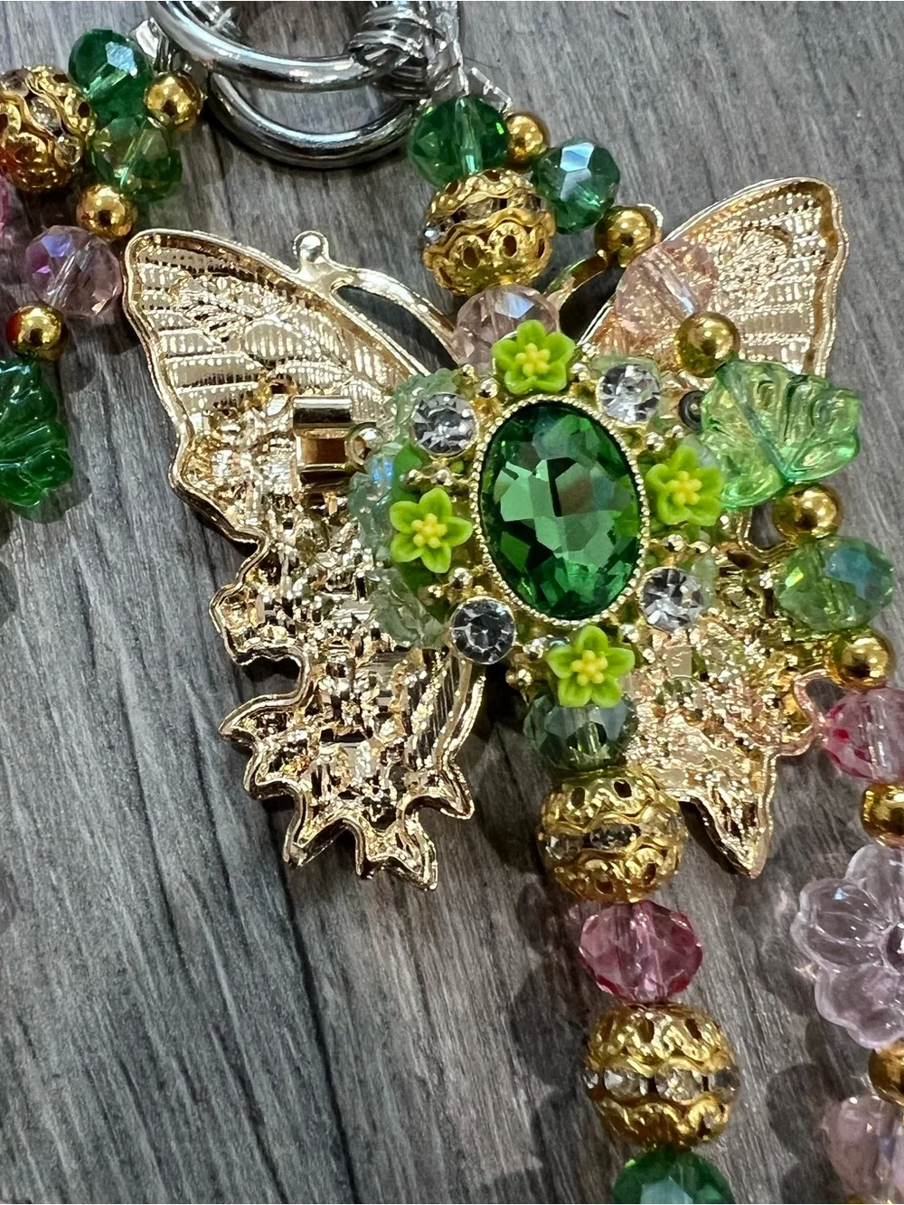 Handcrafted Butterfly Charm Beaded Bracelet - Green & Pink